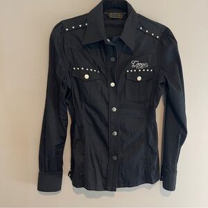 Coogi Black Studded Embroidered Full Button Down Long Sleeve Blouse Top Size L
